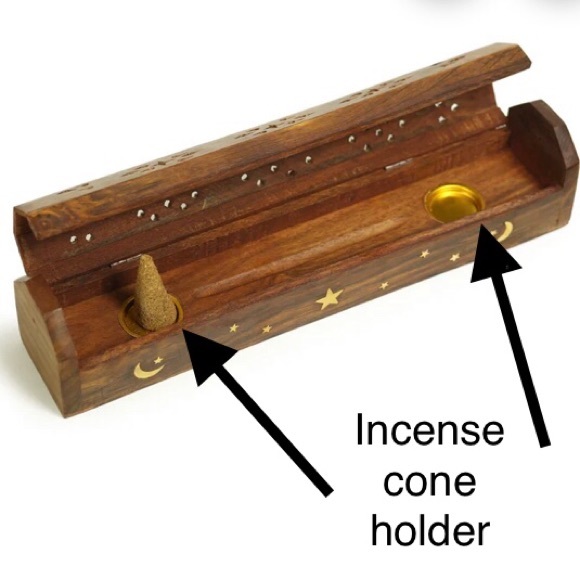 Hand carved wooden incense box, 2 cone/2 stick holder & box of 8 sticks -NWOT - Picture 11 of 16